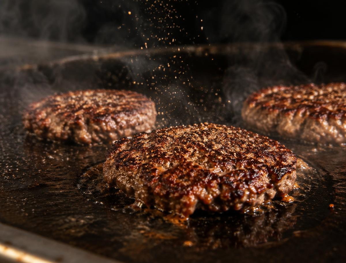Smash burger patties searing on a flat top griddle